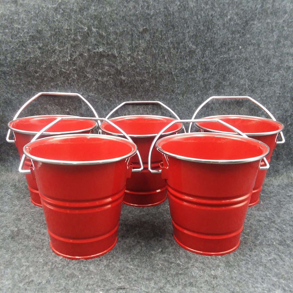 Pottery Barn Red Metal Buckets - Set of 5